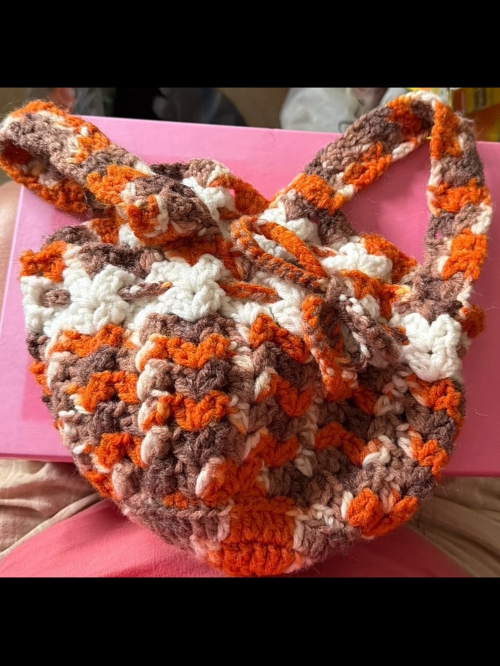 Handmade Crochet Basket Bag in Orange, Brown & Cream